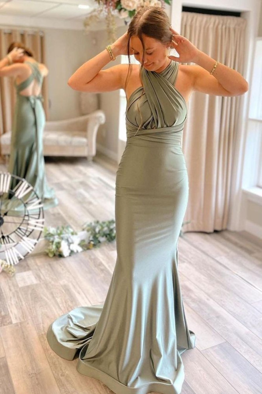 Homrain Convertible Satin Mermaid Prom Bridesmaid Dress | Sage Green Bridesmaid Dress