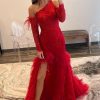 Homrain Mermaid One Shoulder Lace Detachle Sleeves Corset Long Prom Dress | Red Prom Dresses