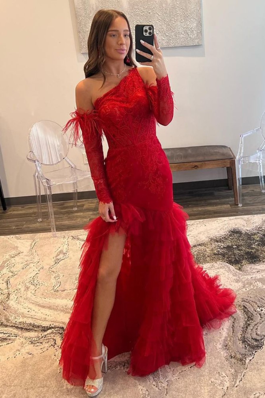 Homrain Mermaid One Shoulder Lace Detachle Sleeves Corset Long Prom Dress | Red Prom Dresses