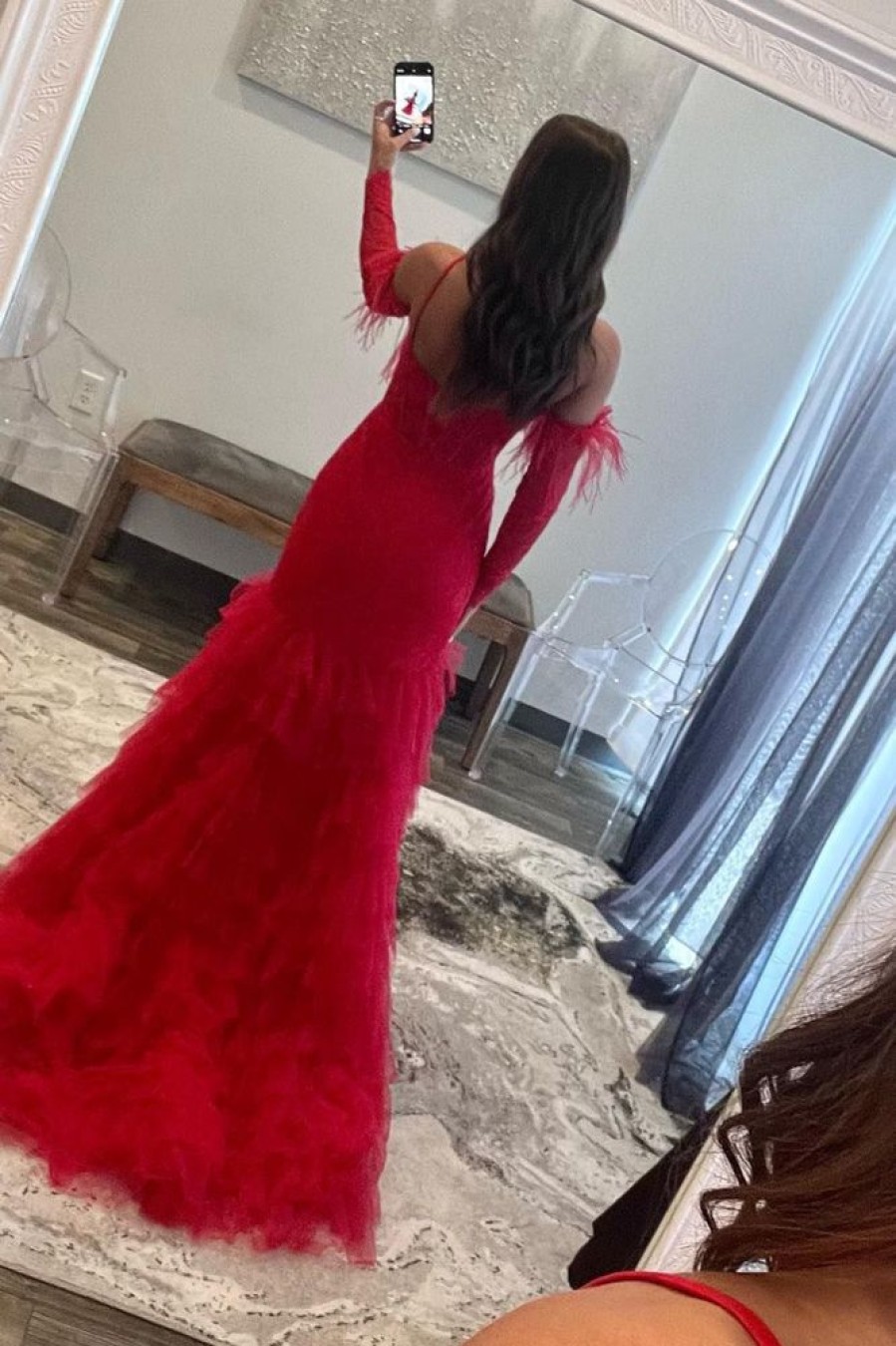 Homrain Mermaid One Shoulder Lace Detachle Sleeves Corset Long Prom Dress | Red Prom Dresses