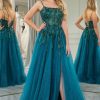 Homrain A Line Tulle Appliques Long Prom Dress With Slit | Green Prom Dresses