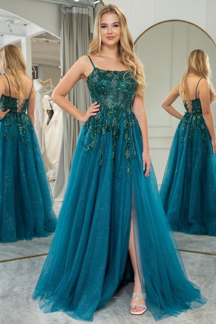 Homrain A Line Tulle Appliques Long Prom Dress With Slit | Green Prom Dresses