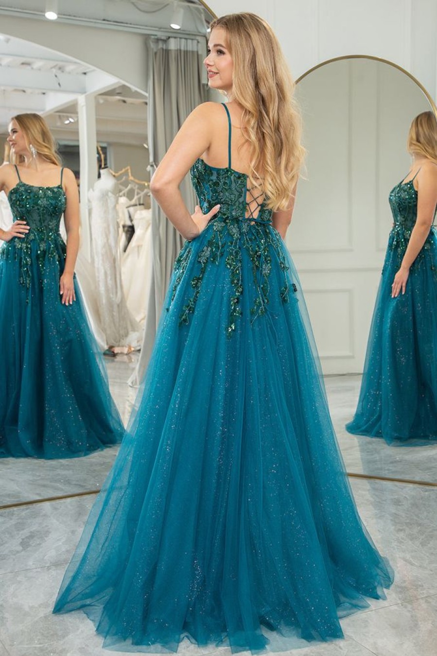 Homrain A Line Tulle Appliques Long Prom Dress With Slit | Green Prom Dresses