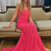 Homrain Hot Pink Lace-Up Back Sequins Prom Dress | Hot Pink Prom Dresses