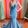 Homrain Mermaid Spaghetti Straps Long Prom Dress With Beading | Blue Prom Dresses