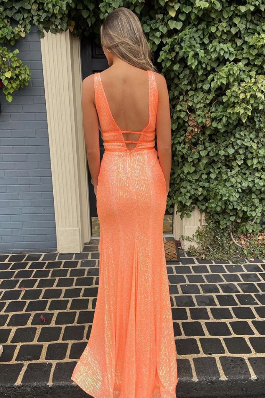 Homrain Sheath Deep V Neck Sequins Long Prom Dress With Split Front | Orange Prom Dresses