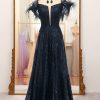 Homrain Glitter A Line Long Prom Dress With Feather | Black Prom Dresses