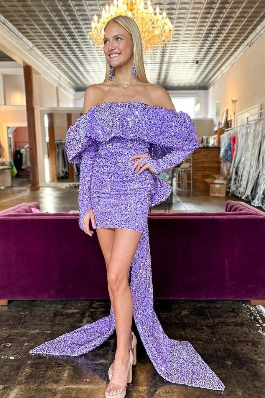 Homrain Sparkly Sequined Long Sleeves Tight Short Hoco Dress With Bowknot | Purple Hoco Dresses