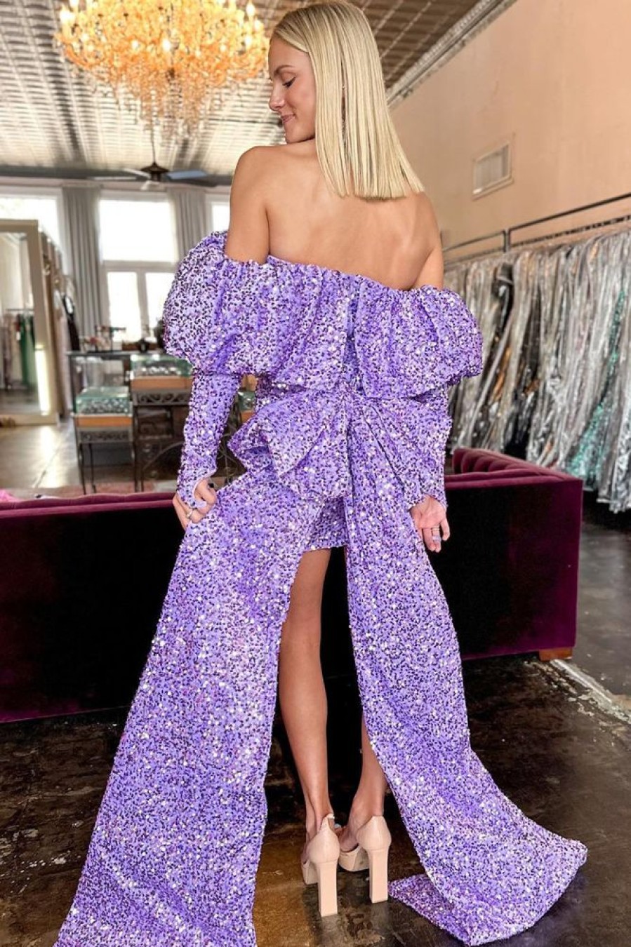 Homrain Sparkly Sequined Long Sleeves Tight Short Hoco Dress With Bowknot | Purple Hoco Dresses