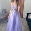 Homrain A-Line Tulle Spaghetti Straps Long Prom Dress With Appliques | Purple Prom Dresses