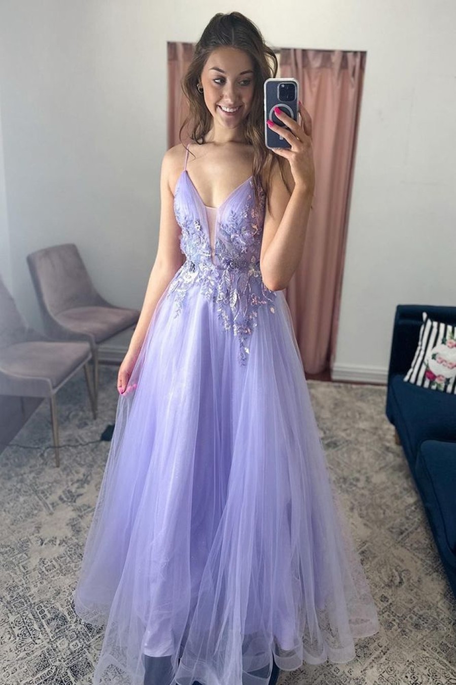 Homrain A-Line Tulle Spaghetti Straps Long Prom Dress With Appliques | Purple Prom Dresses