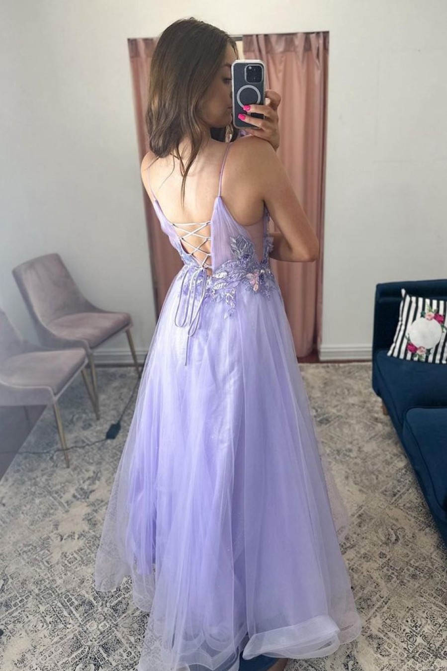 Homrain A-Line Tulle Spaghetti Straps Long Prom Dress With Appliques | Purple Prom Dresses