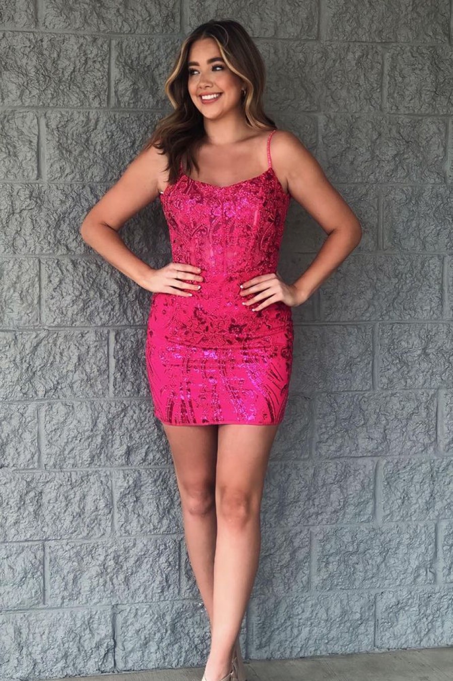 Homrain Sparkly Sequined Corset Tight Short Homecoming Dress | Pink Hoco Dresses