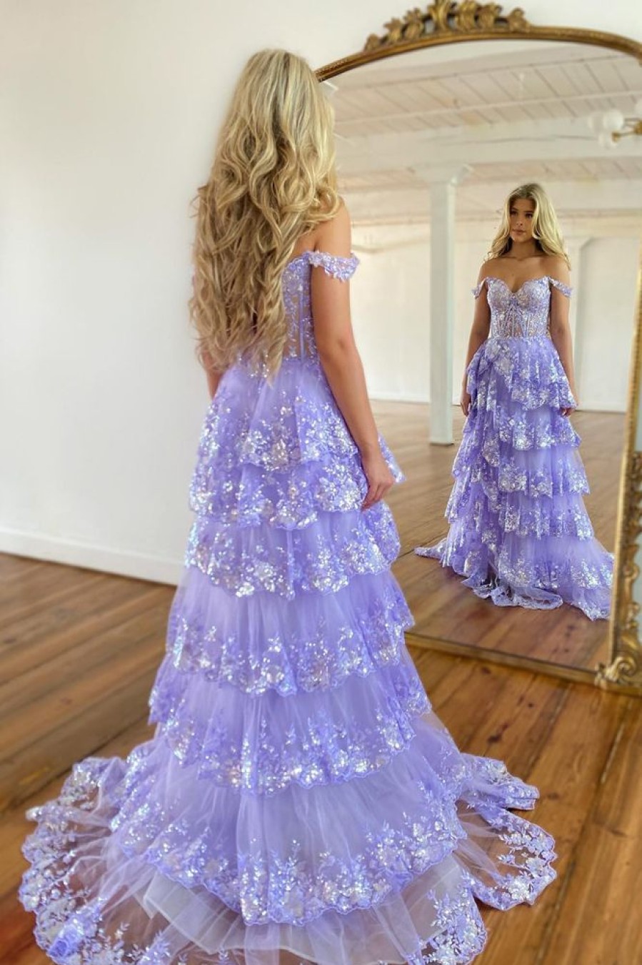 Homrain Off The Shoulder Tiered Prom Dress | Purple Prom Dresses