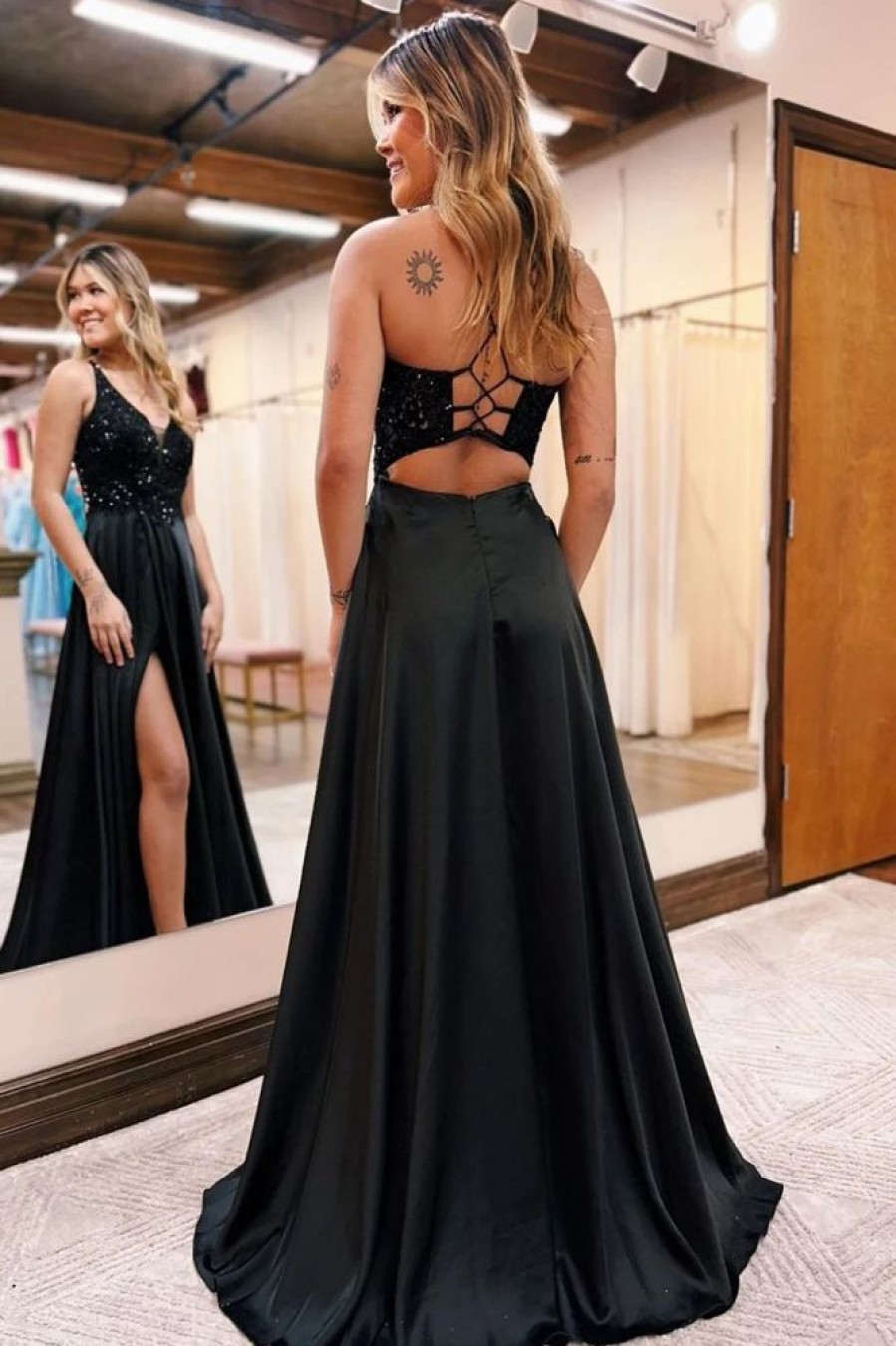 Homrain Sparkly A-Line Long Prom Dress With Pockets | Black Prom Dresses