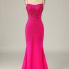 Homrain Mermaid Spaghetti Straps Hot Pink Sequins Long Prom Dress | Hot Pink Prom Dresses