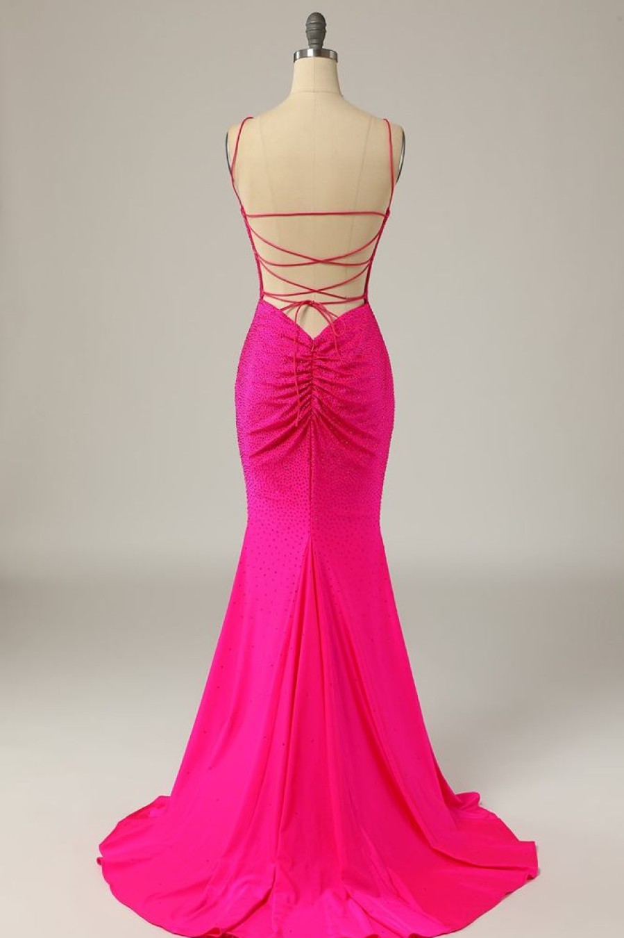 Homrain Mermaid Spaghetti Straps Hot Pink Sequins Long Prom Dress | Hot Pink Prom Dresses