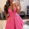 Homrain Glitter Hot Pink A-Line Short Homecoming Dress With Pockets | Hot Pink Hoco Dresses