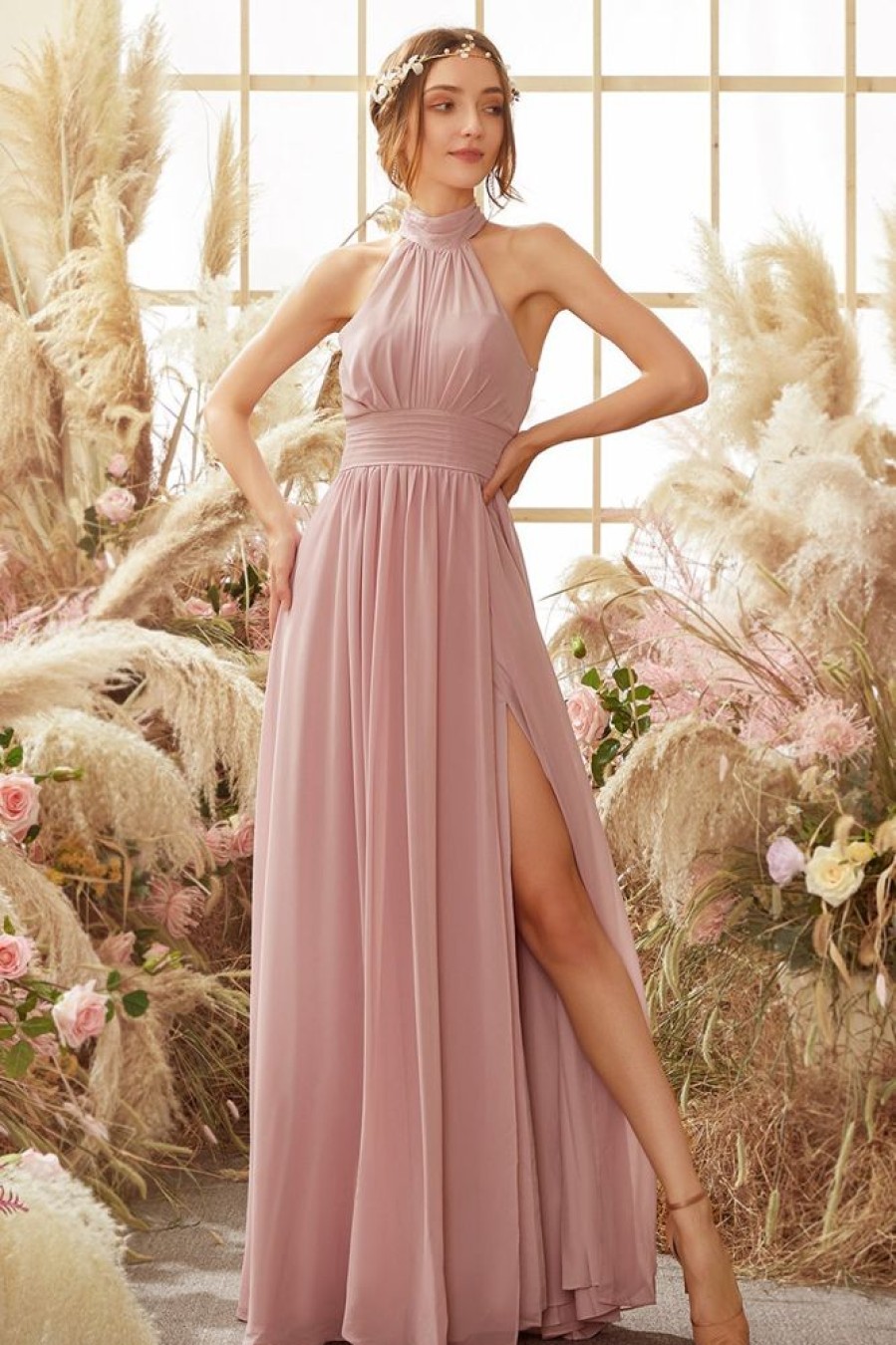 Homrain Halter Pleated Chiffon Bridesmaid Dress | Wedding Guest Dresses