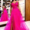 Homrain Simple Hot Pink Corset A-Line Long Tulle Prom Dress With Slit | Hot Pink Prom Dresses