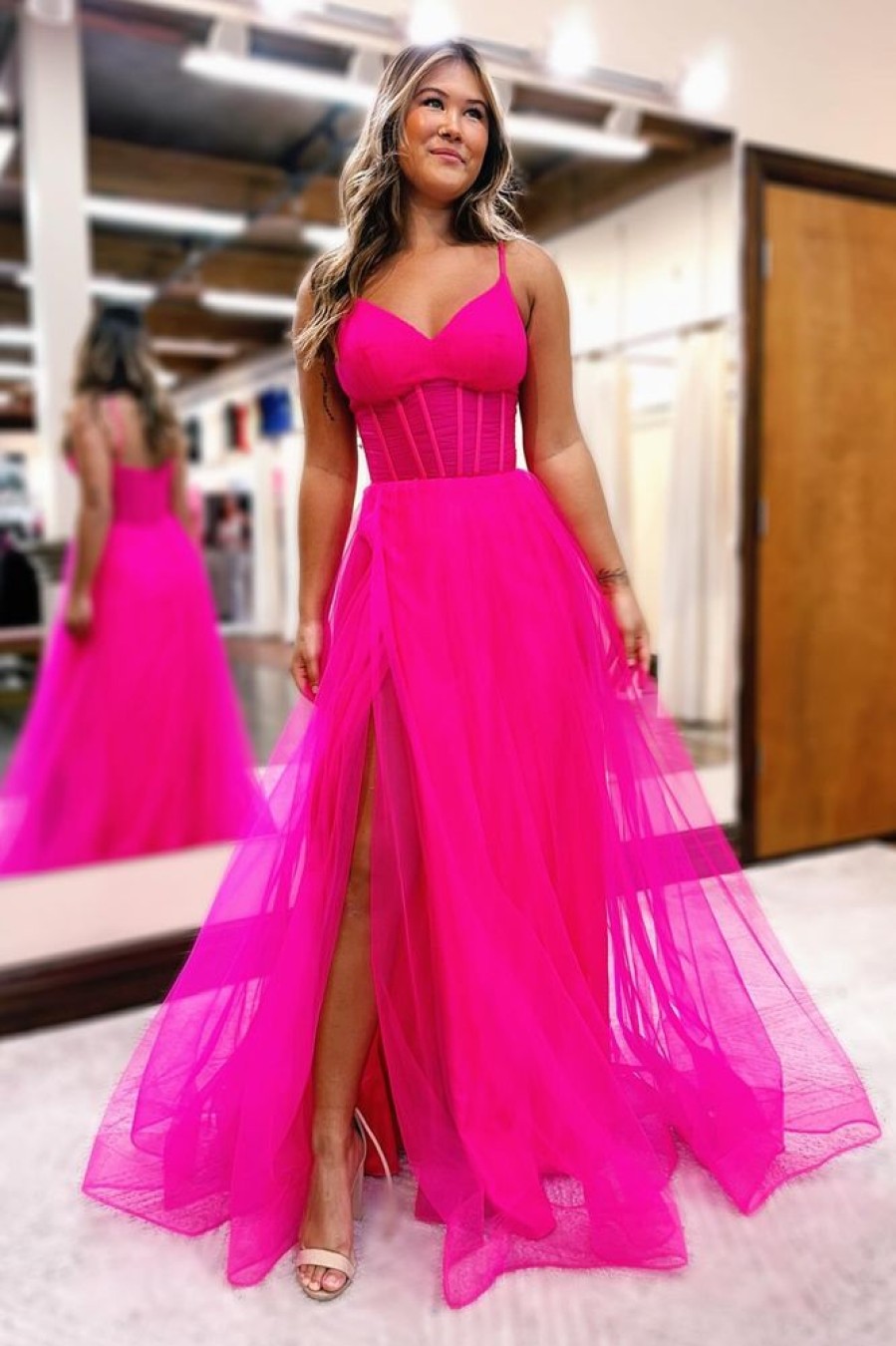 Homrain Simple Hot Pink Corset A-Line Long Tulle Prom Dress With Slit | Hot Pink Prom Dresses