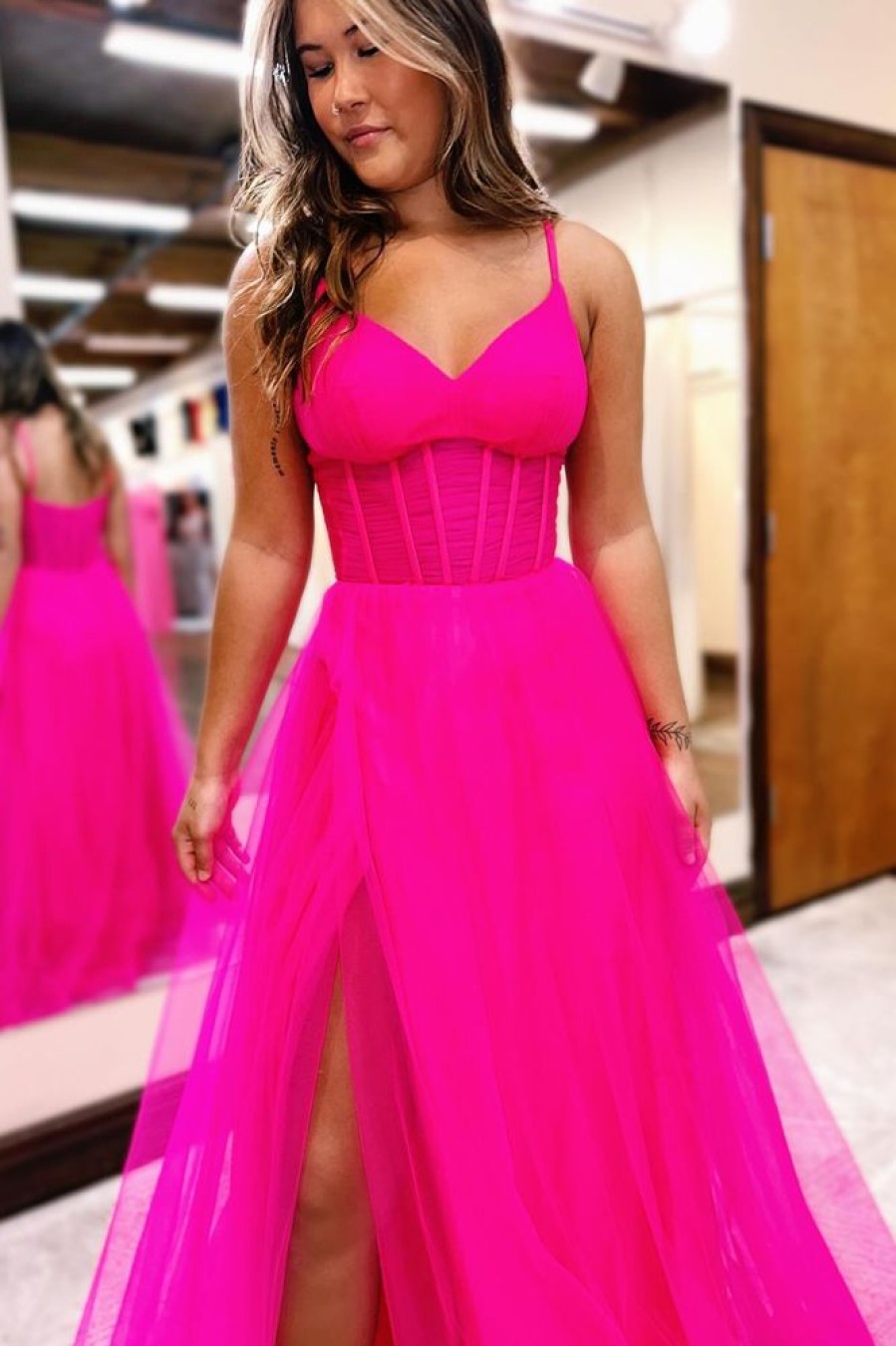 Homrain Simple Hot Pink Corset A-Line Long Tulle Prom Dress With Slit | Hot Pink Prom Dresses