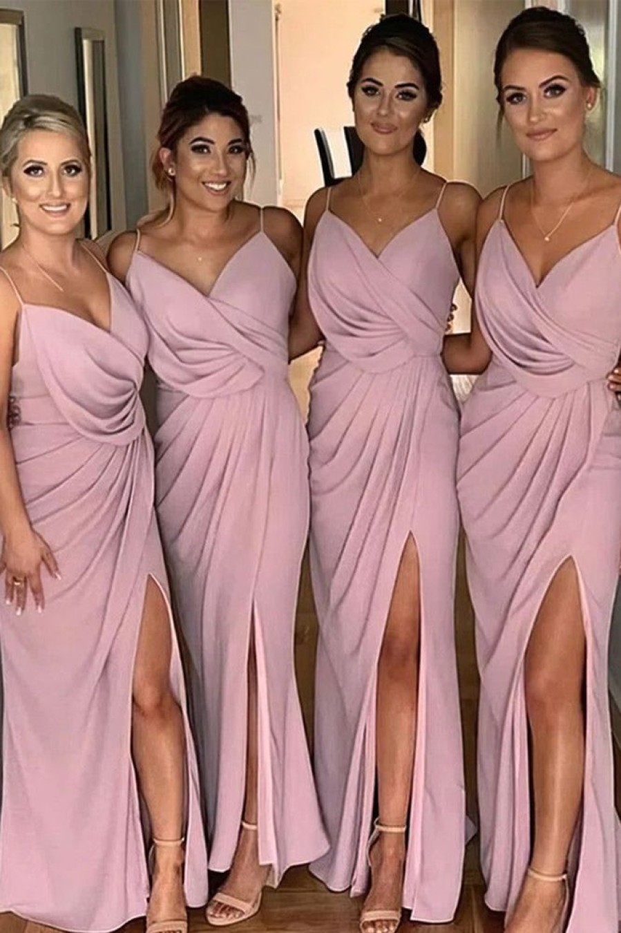 Homrain Blush Spaghetti Straps Chiffon Long Boho Bridesmaid Dress | Bridesmaid Dresses 2024