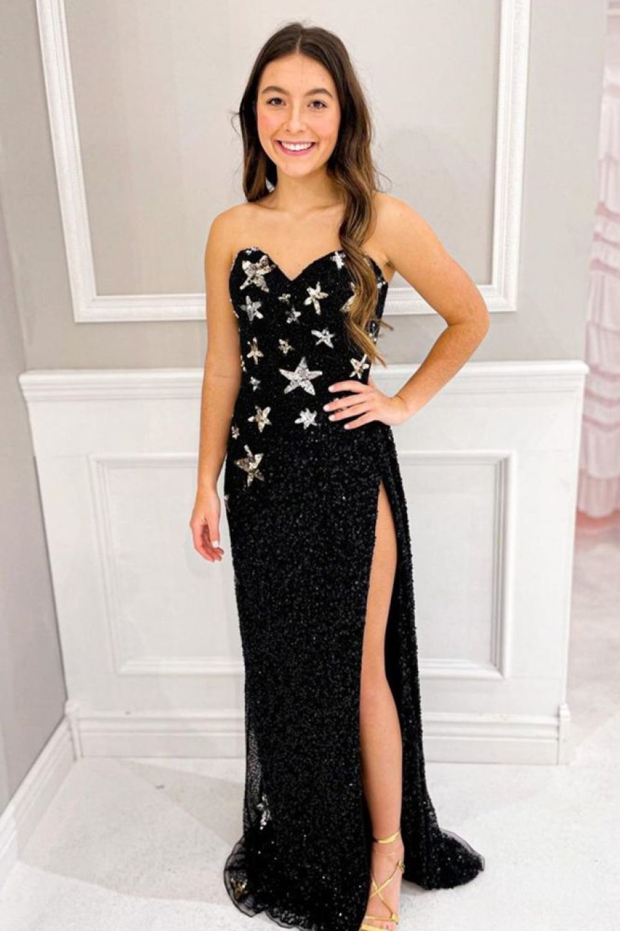 Homrain Sparkly Sheath Sequins Long Prom Dress With Slit | Black Prom Dresses