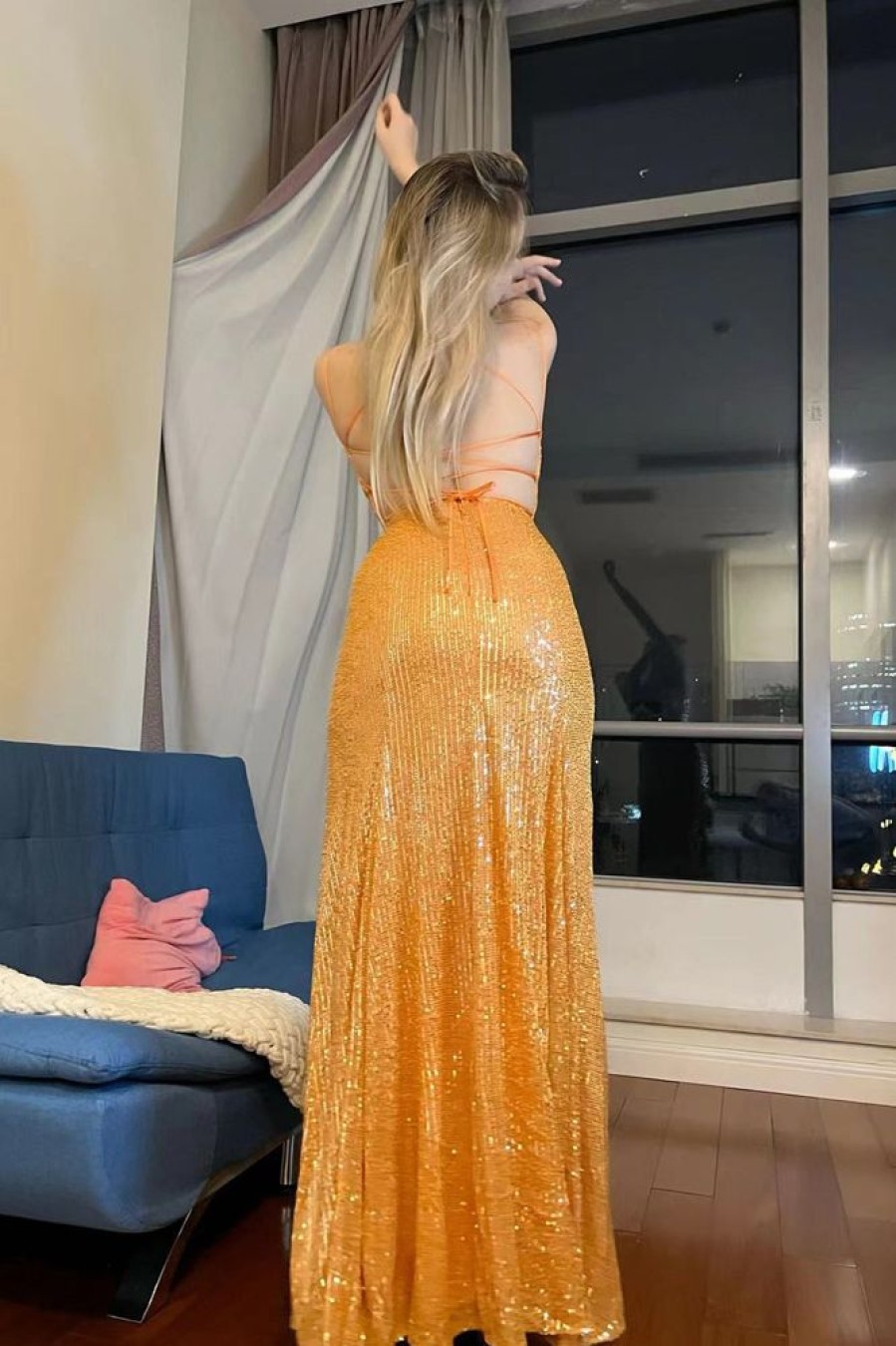 Homrain Sparkly Mermaid Sequins Long Prom Dress | Orange Prom Dresses