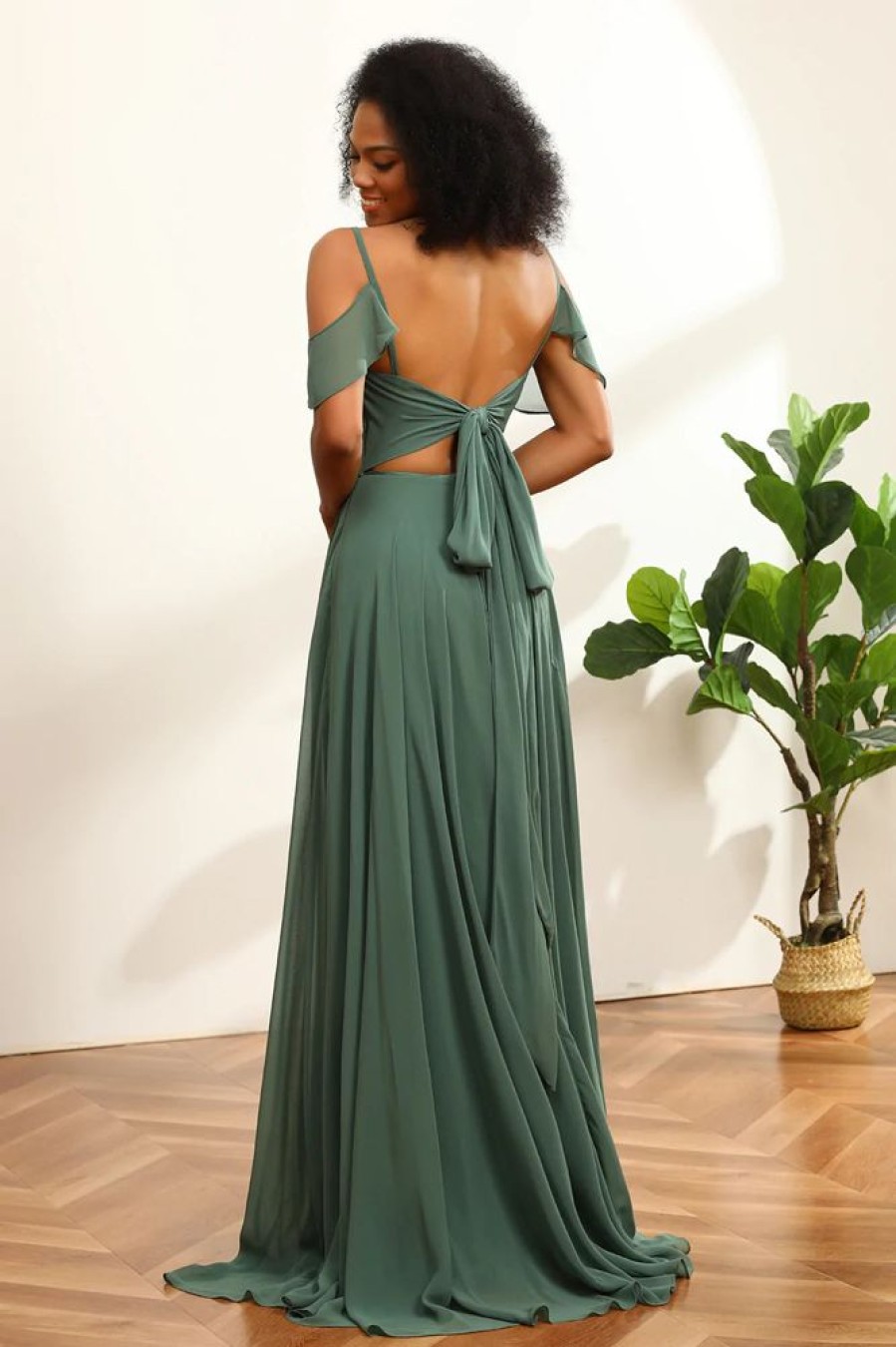 Homrain Ruched Lace-Up Back Long Chiffon Bridesmaid Dress | Bridesmaid Dress Under 100