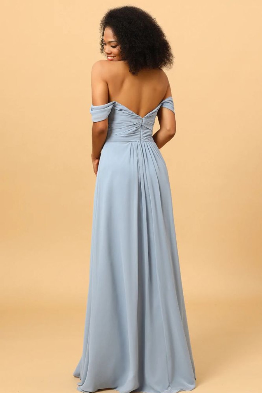 Homrain Off Shoulder Chiffon Blue Bridesmaid Dress With Slit | Boho Bridesmaid Dresses