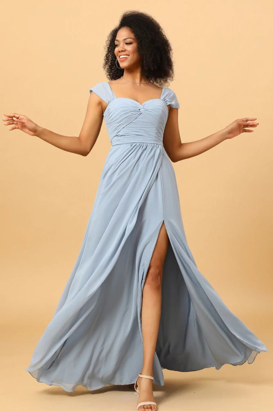 Homrain Off Shoulder Chiffon Blue Bridesmaid Dress With Slit | Boho Bridesmaid Dresses