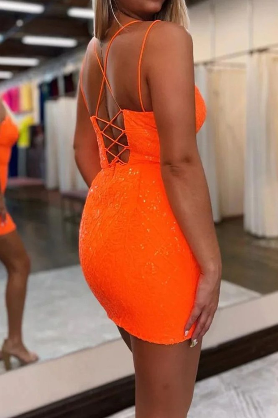 Homrain Sparkly Sequins Lace-Up Back Short Homecoming Dress | Orange Hoco Dresses