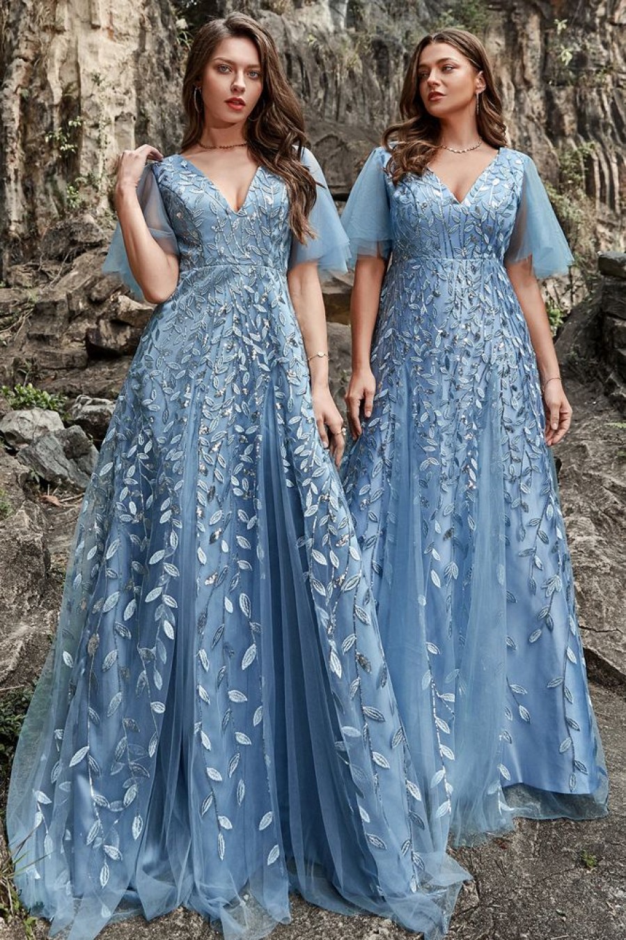 Homrain Grey Blue Tulle Leaves Shaped Long Embroidery Prom Dress | Blue Prom Dresses