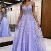 Homrain Sparkly A-Line Spaghetti Straps Long Prom Dress With Appliques | Purple Prom Dresses