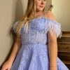 Homrain Sparkly Corset A-Line Lace Short Homecoming Dress With Feathers | Purple Hoco Dresses