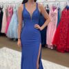 Homrain Deep V Neck Mermaid Prom Dress With Slit | Blue Prom Dresses