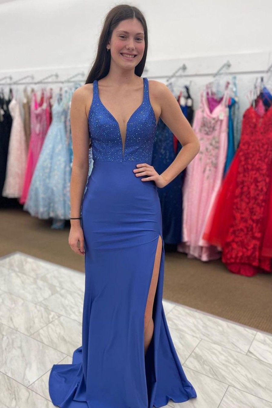 Homrain Deep V Neck Mermaid Prom Dress With Slit | Blue Prom Dresses