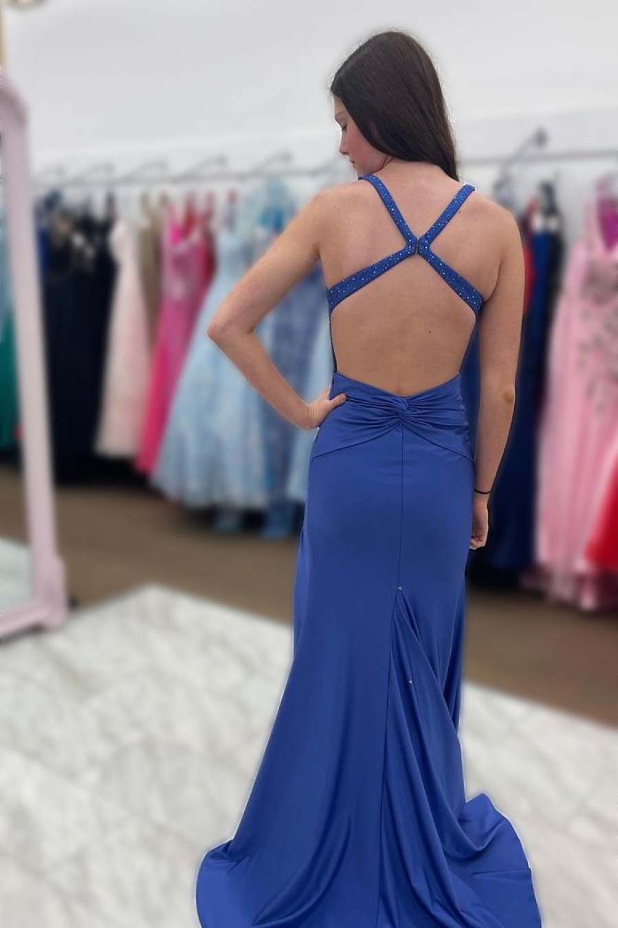 Homrain Deep V Neck Mermaid Prom Dress With Slit | Blue Prom Dresses