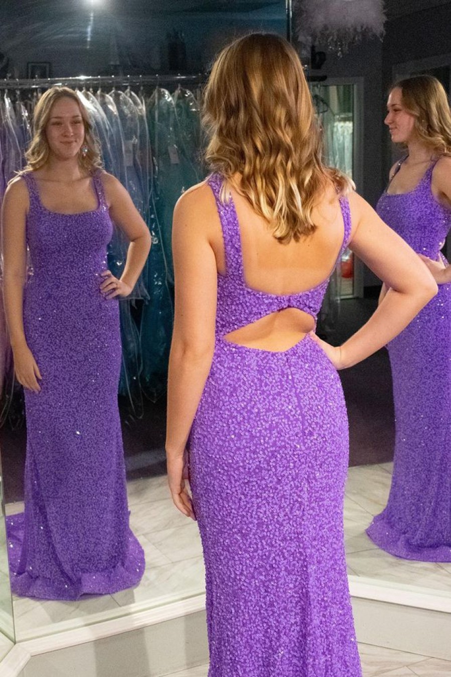 Homrain Mermaid Square Neck Long Sequined Prom Dress | Purple Prom Dresses