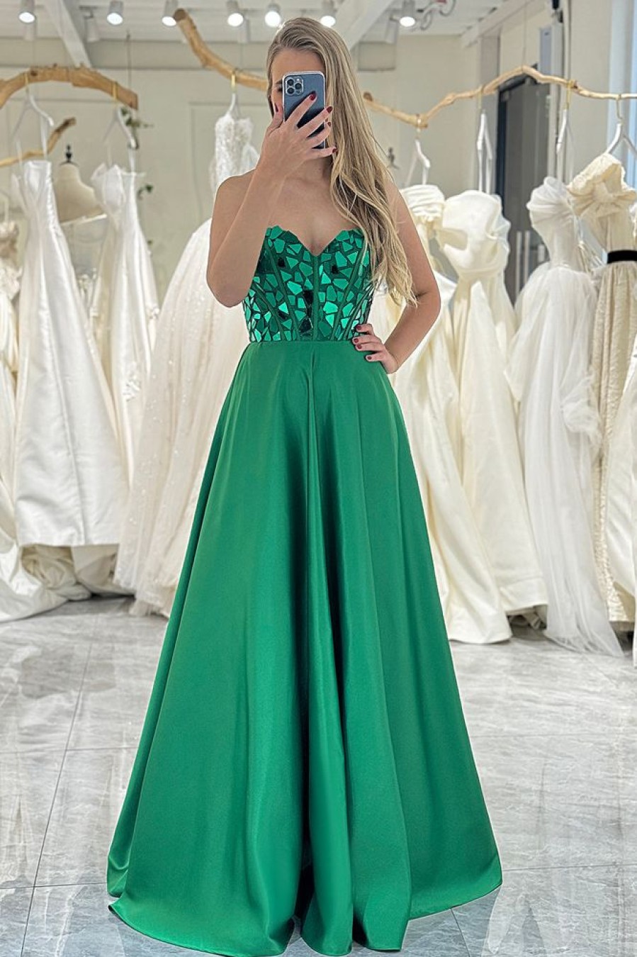 Homrain Sparkly A Line Sweetheart Long Mirror Prom Dress | Green Prom Dresses