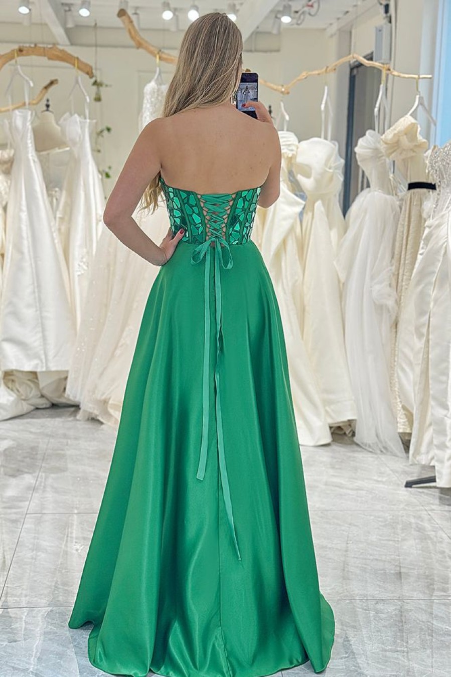 Homrain Sparkly A Line Sweetheart Long Mirror Prom Dress | Green Prom Dresses