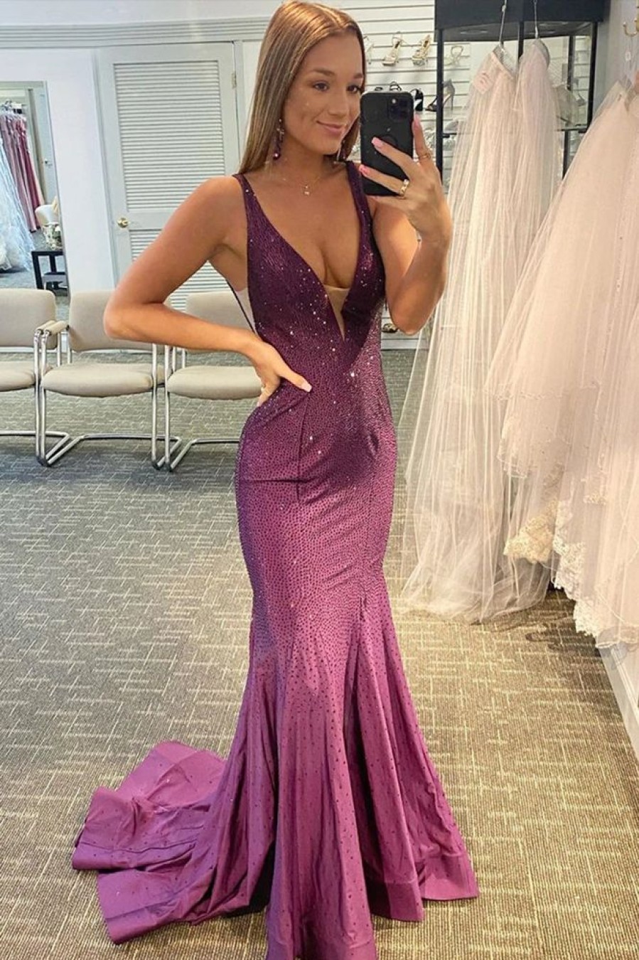 Homrain Beading V-Neck Mermaid Prom Dress | Purple Prom Dresses