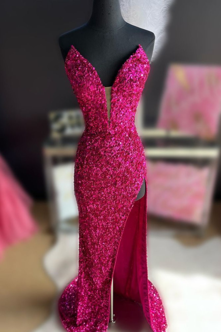 Homrain Strapless Sequin Prom Dress With Slit | Hot Pink Prom Dresses