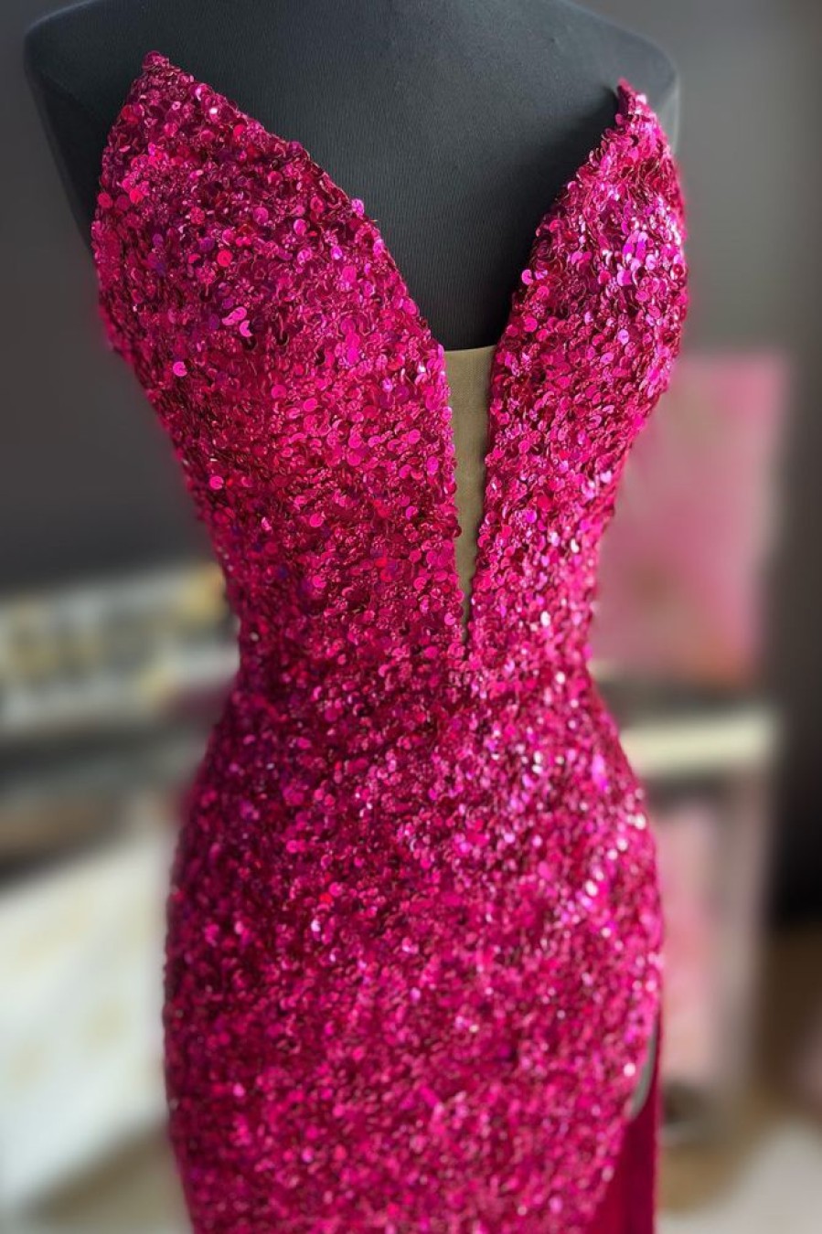 Homrain Strapless Sequin Prom Dress With Slit | Hot Pink Prom Dresses