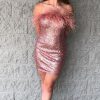 Homrain Sparkly Tight Sequins Homecoming Dress With Feathers | Pink Hoco Dresses