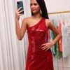 Homrain Glitter One Shoulder Sequins Stars Tight Short Homecoming Dress | Red Hoco Dresses