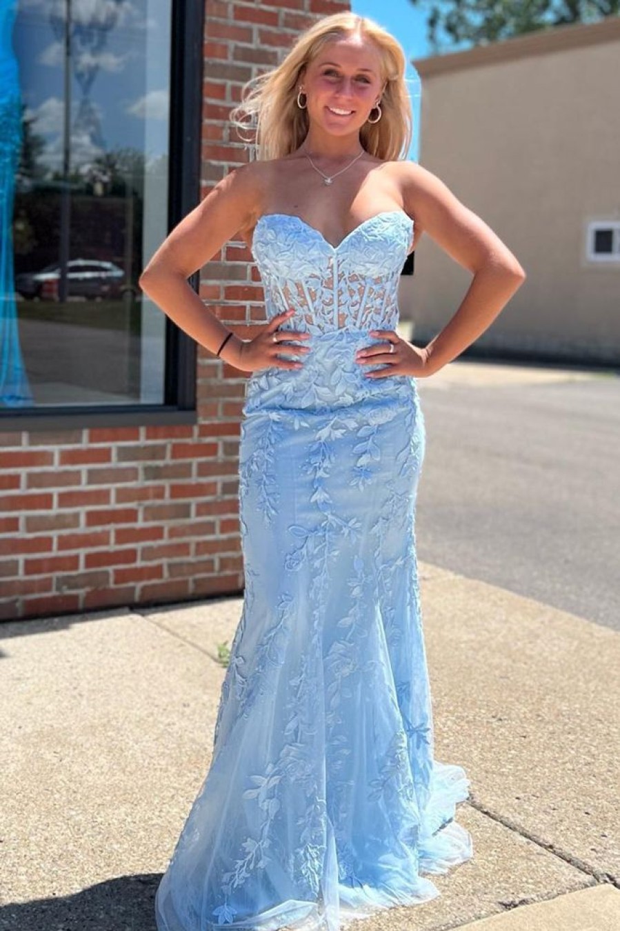 Homrain Sweetheart Lace-Up Long Mermaid Prom Dress With Appliques | Blue Prom Dresses