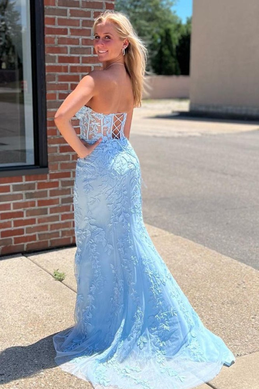 Homrain Sweetheart Lace-Up Long Mermaid Prom Dress With Appliques | Blue Prom Dresses