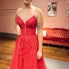 Homrain A-Line Corset Lace Long Prom Dress | Red Prom Dresses